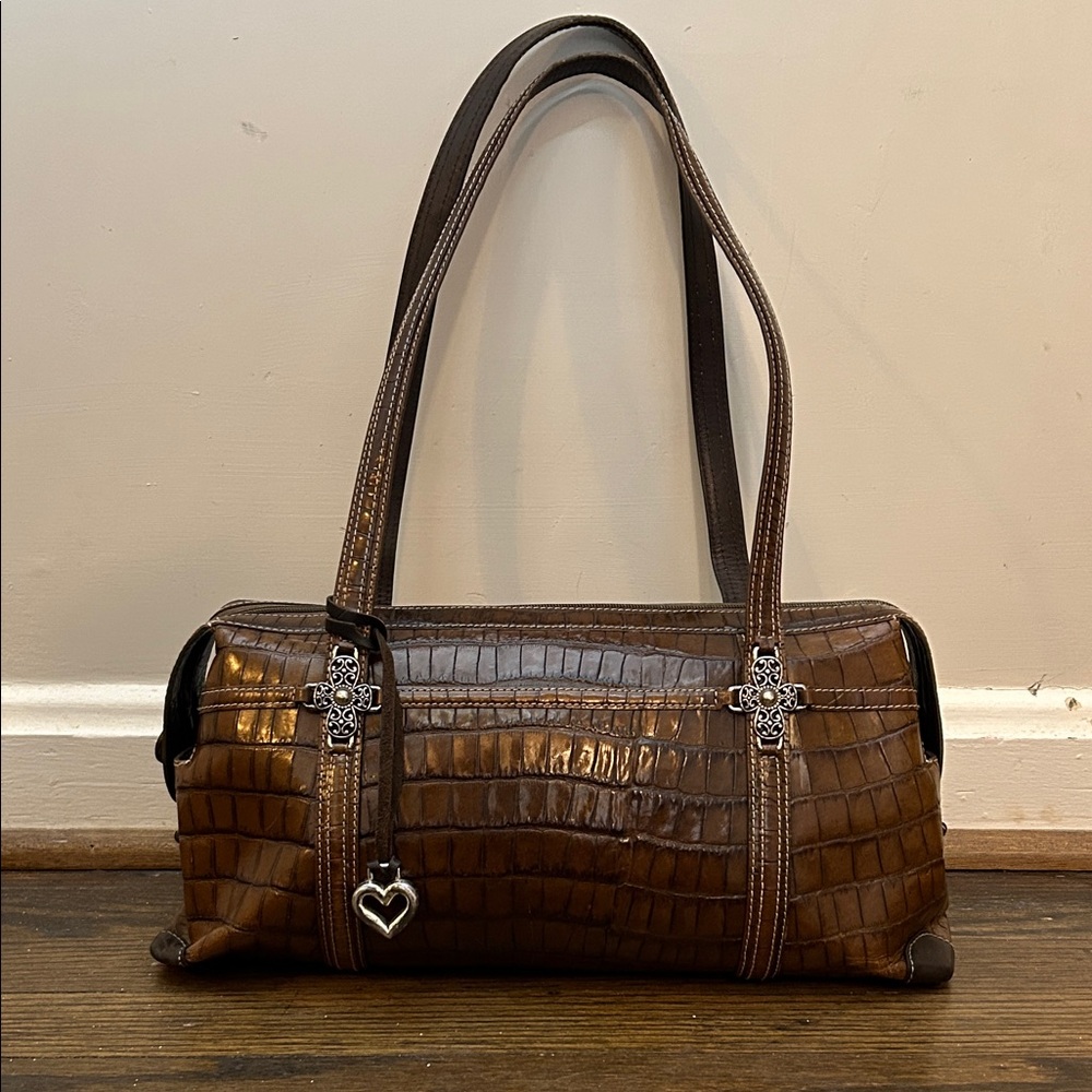 Brighton Brown Croc-Embossed Leather Barrel Bag with Heart Charm